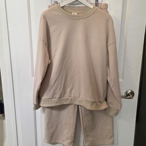 Casual Beige Lounge Set Wide Leg